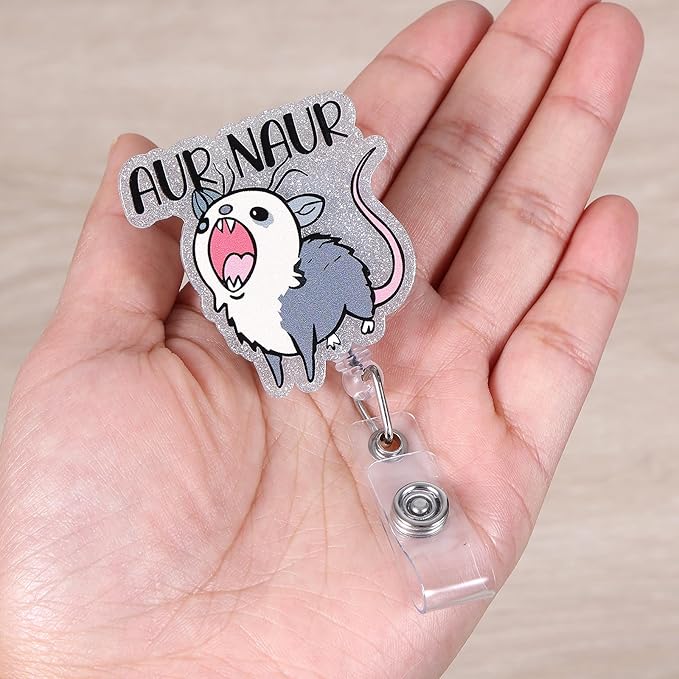 AUR Naur Funny Badge Reel, Cute Opossum Retractable ID Card Badge Holder, Name Tag Work Badge Clip for ICU NICU RN LPN CNA MA ER Night Shift Nurse Nursing Student OR Doctor Teacher, Nurse Gifts
