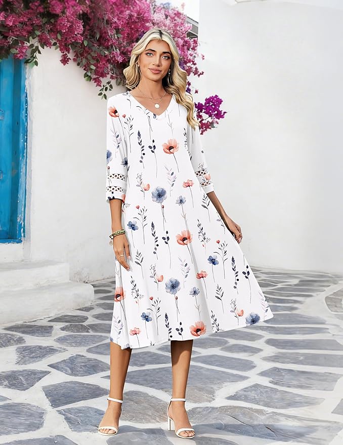 Zeagoo Women's Dresses 3/4 Sleeve Summer Casual V-Neck A Line Flowy Eyelet Midi Dress for Women Beach Vacation Sundress