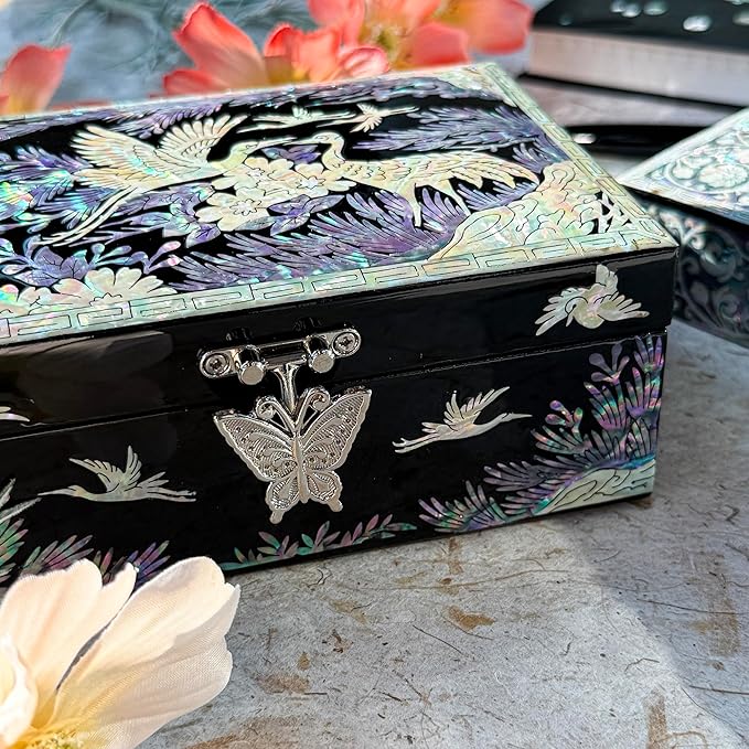 Nacreh Mother of Pearl Korea Traditional Crane Jewelry Ring Necklace Trinket Wooden chest Box - Inlay with Sea Shell Gifts for Women