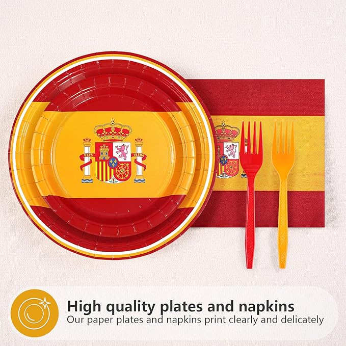 Greencian 96 Pcs Spain Flag Party Decorations Disposable Spanish Flag Paper Plates and Napkins Spanish National Day Tableware Set for Country Decoration Patriotic Festival Party Supplies, Serves 24
