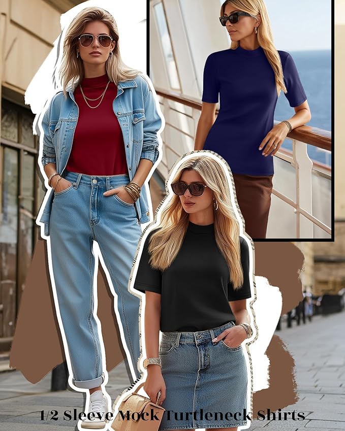 Ficerd 3 Pack Women's 1/2 Sleeve Mock Turtleneck Shirts, Elbow Length Shirt Half Sleeve Tunic Top Casual Summer Basic Tees
