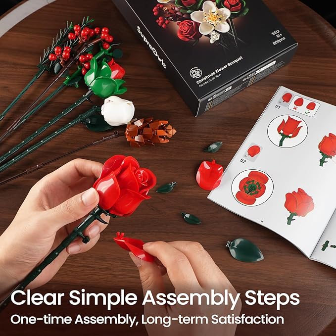 iATOM Valentines Flower Bouquet Building Set, Artificial Roses Botanical Collection for Adults, Gift for Valentine's Day for Her/Mom/Girlfriend/Wife/Couple, Modern Home Office Table Centerpiece Decor