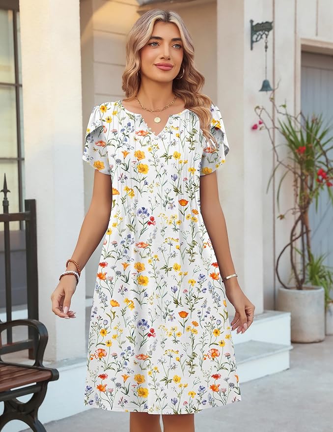 Zeagoo Women's Casual Dresses with Pockets Summer Floral V-Neck A-Line Tshirt Dress Short Sleeve Mini Dress Beach Sundress