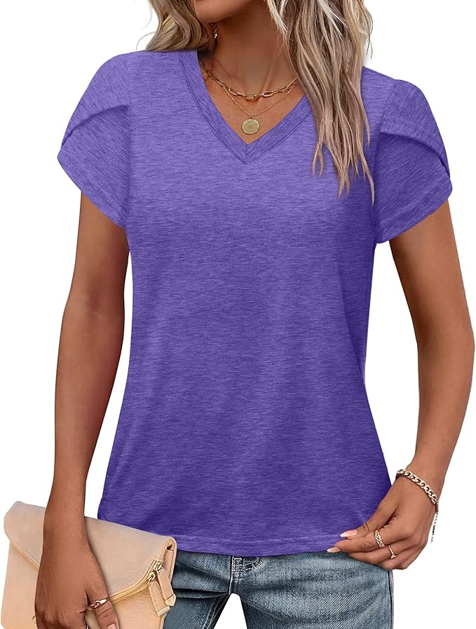 WIHOLL Womens Tops V Neck Summer Petal Sleeve Casual Tshirts