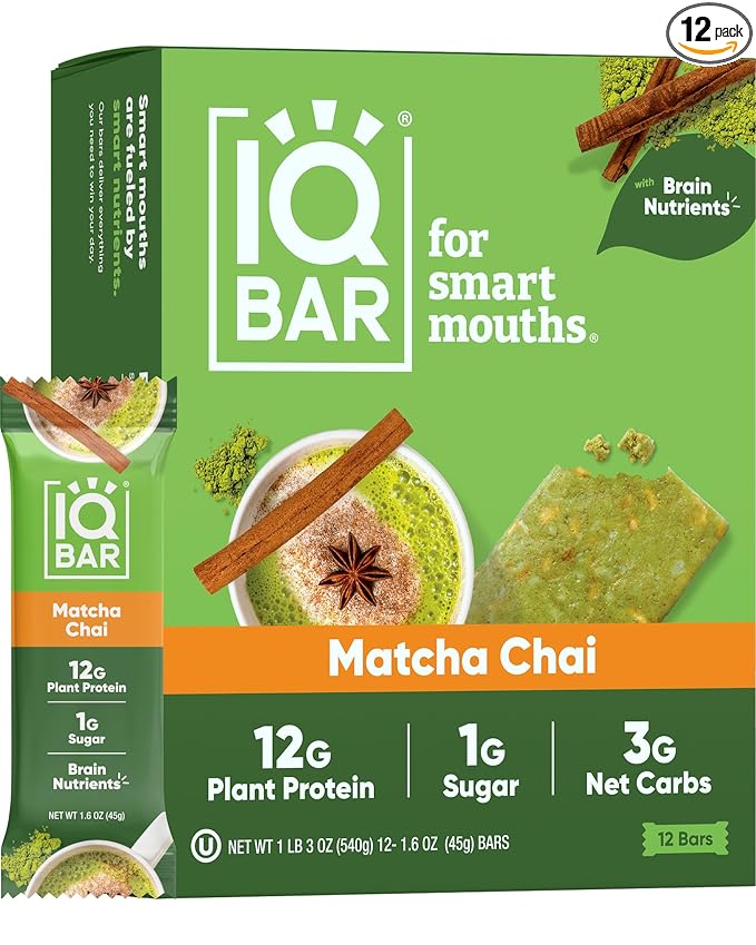 IQBAR Brain and Body Plant Protein Bars - Matcha Chai - 12-Count - Keto, Vegan, Low Carb, High Fiber, Gluten Free, Dairy Free, Low Sugar Snack with Nutrients for Focus, Energy, Meal Replacement