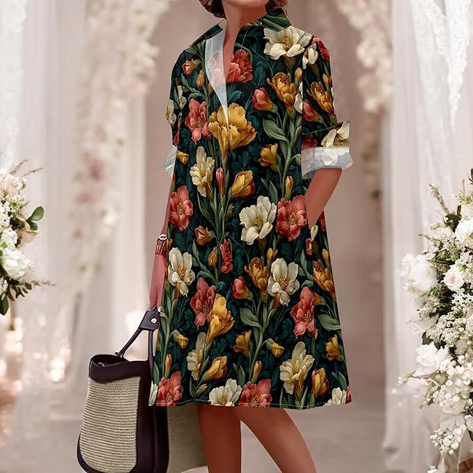 Shirt Dresses for Women 2025 Summer Long Sleeve Casual Plus Size Floral Printed Beach Vacation Dress with Pockets