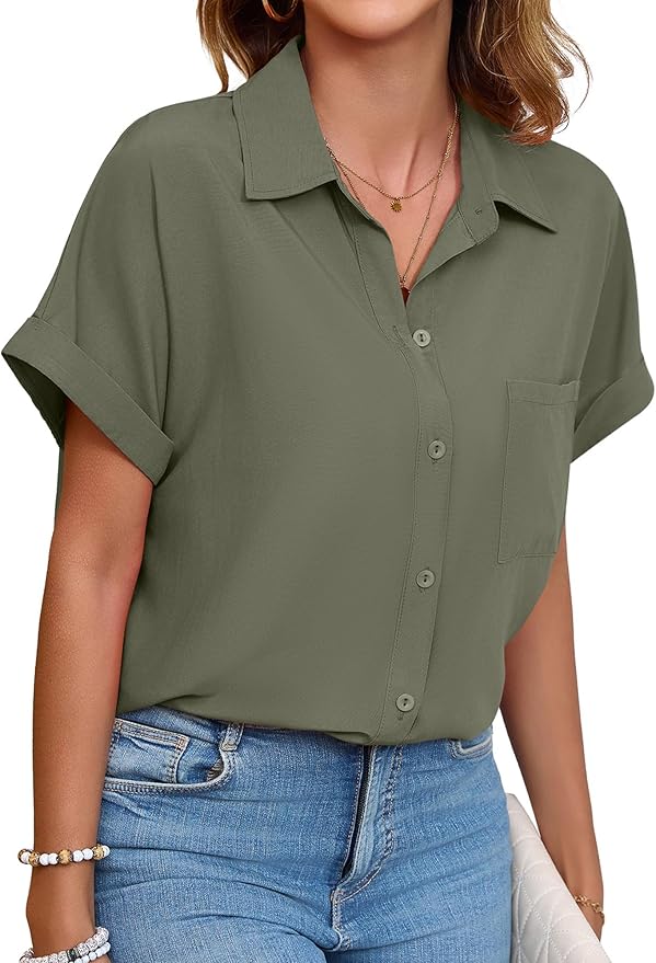 Womens Button Down Shirt Casual Short Sleeve Collared Work Blouse with Pocket