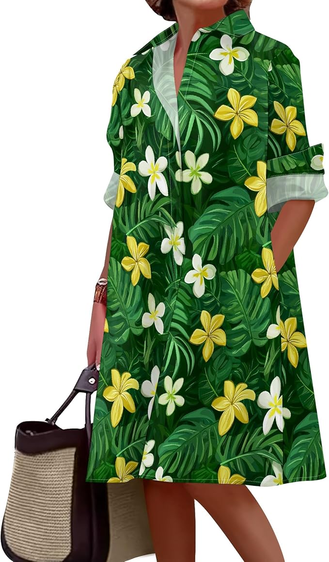 Shirt Dresses for Women 2025 Summer Long Sleeve Casual Plus Size Floral Printed Beach Vacation Dress with Pockets