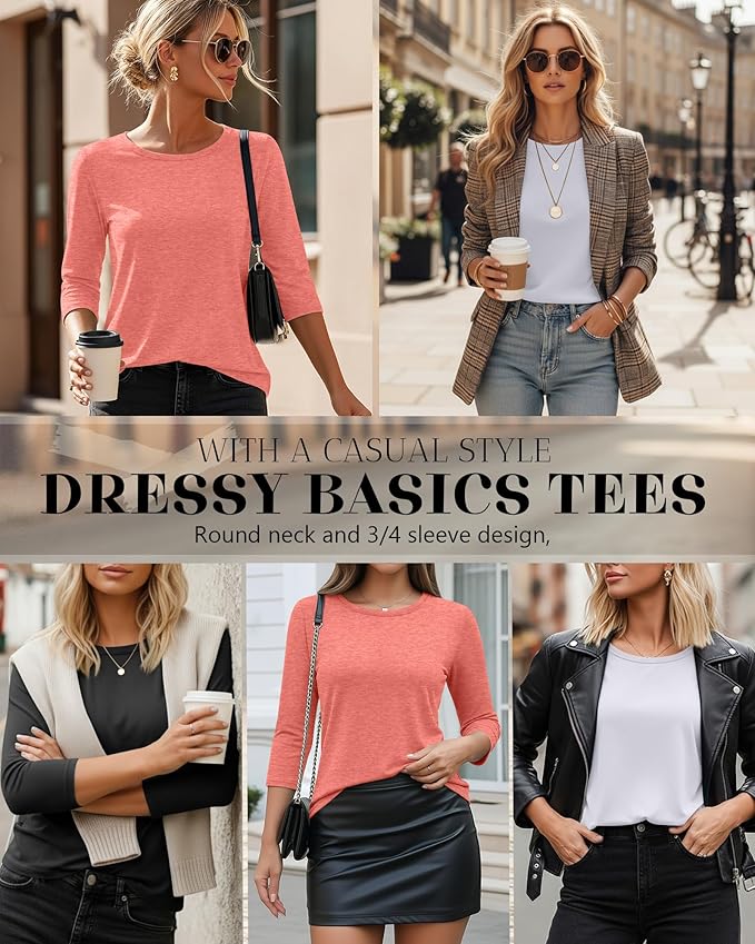 Ficerd 3 Pack 3/4 Sleeve Tops for Women Round Neck Dressy Basics Tees Casual Trendy Loose Fit T Shirts