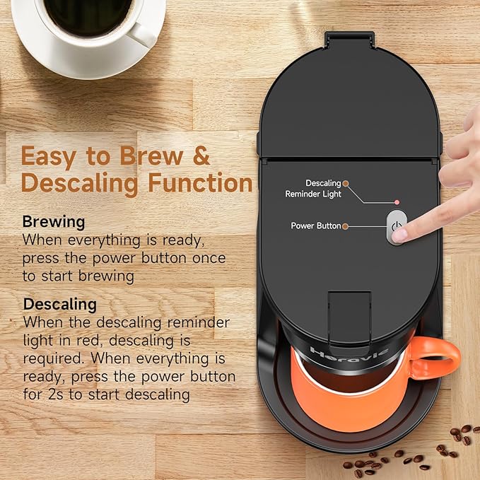 Horavie Small Single Serve Coffee Maker, Fast Brew One Cup Coffee Machine for K Cup and Grounds, 6 to 12 oz. Brew Sizes, Capsule Coffee Machine with Descaling Reminder and Viewing Tank, Black