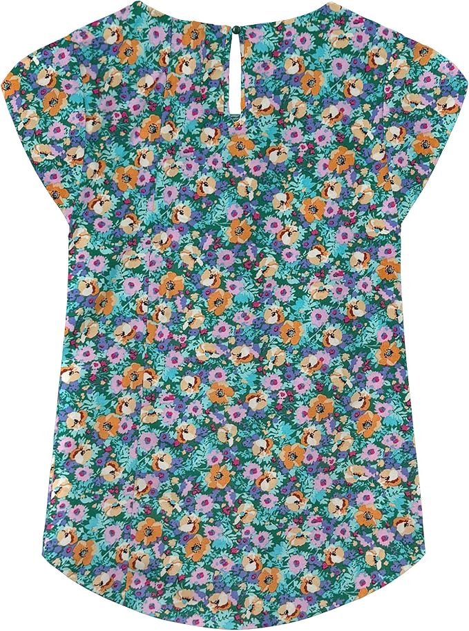 TASAMO Women's Casual Round Neck Basic Pleated Top Cap Sleeve Curved Keyhole Back Chiffon Blouse