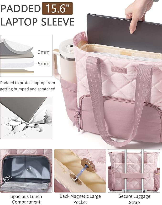 Puffer Lunch Tote Bag for Women, 15.6 Inch Laptop Work Bag with Insulated Lunch Compartment & Large Cup Holder, Lightweight Quilted Puffy Lunch Box Purse for Teacher Nurse Travel Office Daily School
