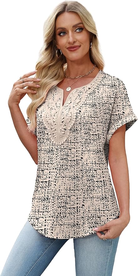 Sipaya Womens Blouses Dressy Casual Summer Shirts Short Sleeve Lace Front Boho Tunic Tops for Leggings Fashion Clothes