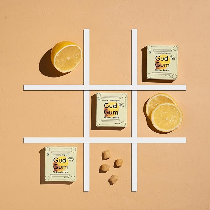 GUDGUM Natural & Sugar-Free Chewing Gum – Plastic-Free, Biodegradable, Vegan (Pack of 4, Lemon)
