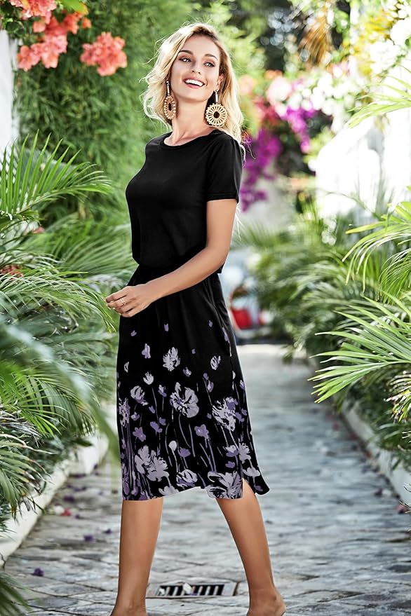 Simier Fariry Womens Spring Hide Belly Knee Length Travel Dress Pocket Summer Short Sleeve Midi Work Casual Outfits