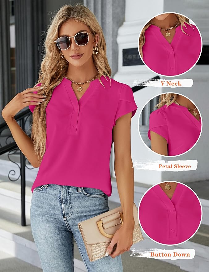 Blooming Jelly Women's Dressy Casual Tops Business Work Blouses White Button Down Shirts Cap Sleeve V Neck Tshirt