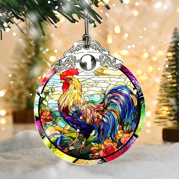 Jocidea Glass Chicken Christmas Ornament, Semi Transparent Stained Glass Ornament, Colorful Festive Decor for Holidays and Gifts