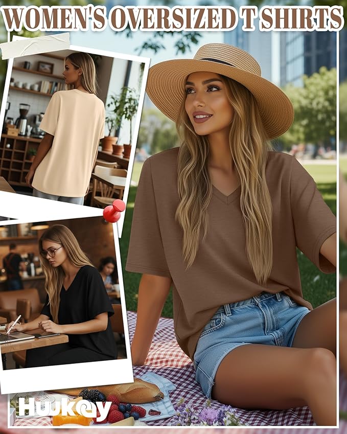 Huukeay Women's Cotton Oversized T Shirts 3 Pack V Neck Loose Fit Half Sleeve Tops Baggy Casual Summer Gym Workout Tees 2026
