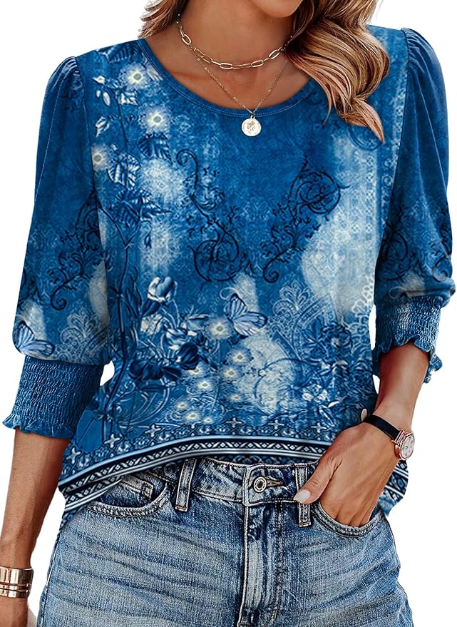 XIEERDUO Blouses for Women Dressy Casual 3/4 Length Sleeve Womens Tops with Smocked Cuffs