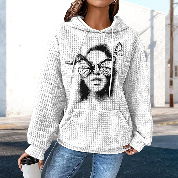 domirica Pullover Sweatshirts For Women Drawstring Long Sleeve Waffle Sweatshirt With Pocket Vintage Street Wear Qutfits