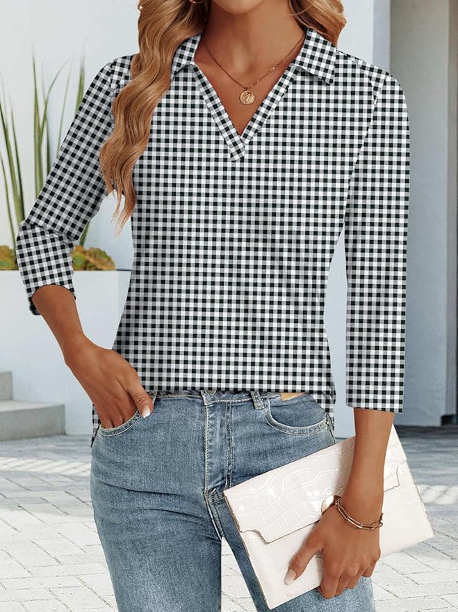 3/4 Length Sleeve Womens Tops Dressy Casual V Neck Polo Shirts Business Work Blouses 2025 Trendy Tunic Top