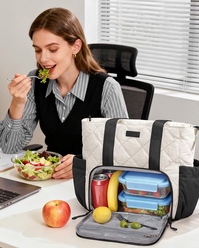 Puffer Lunch Tote Bag for Women, 15.6 Inch Laptop Work Bag with Insulated Lunch Compartment & Large Cup Holder, Lightweight Quilted Puffy Lunch Box Purse for Teacher Nurse Travel Office Daily School