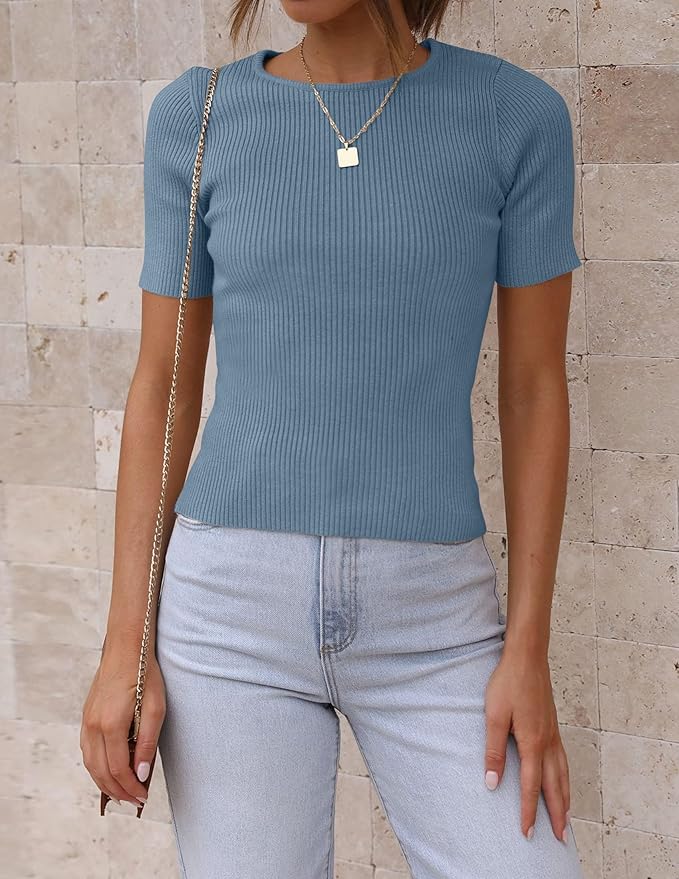 ZESICA Women's Short Sleeve Sweater Tops 2026 Summer Crewneck T Shirt Ribbed Knit Slim Fit Basic Solid Color Tee