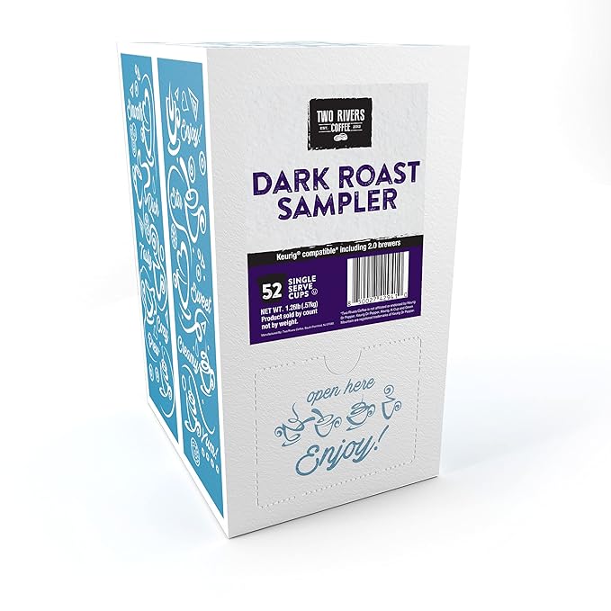 Two Rivers Coffee Dark Roast Coffee Pods Sampler Compatible with K Cup Brewers Including 2.0, Single Serve Variety Pack, 52 Count