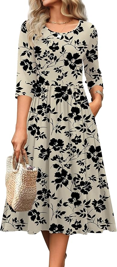 Zeagoo 3/4 Sleeve Women's Dress Casual Flowy A-Line Midi Tshirt Dresses with Pockets Crewneck Vocation Boho Beach Sundress