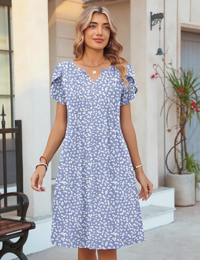 Zeagoo Women's Casual Dresses with Pockets Summer Floral V-Neck A-Line Tshirt Dress Short Sleeve Mini Dress Beach Sundress