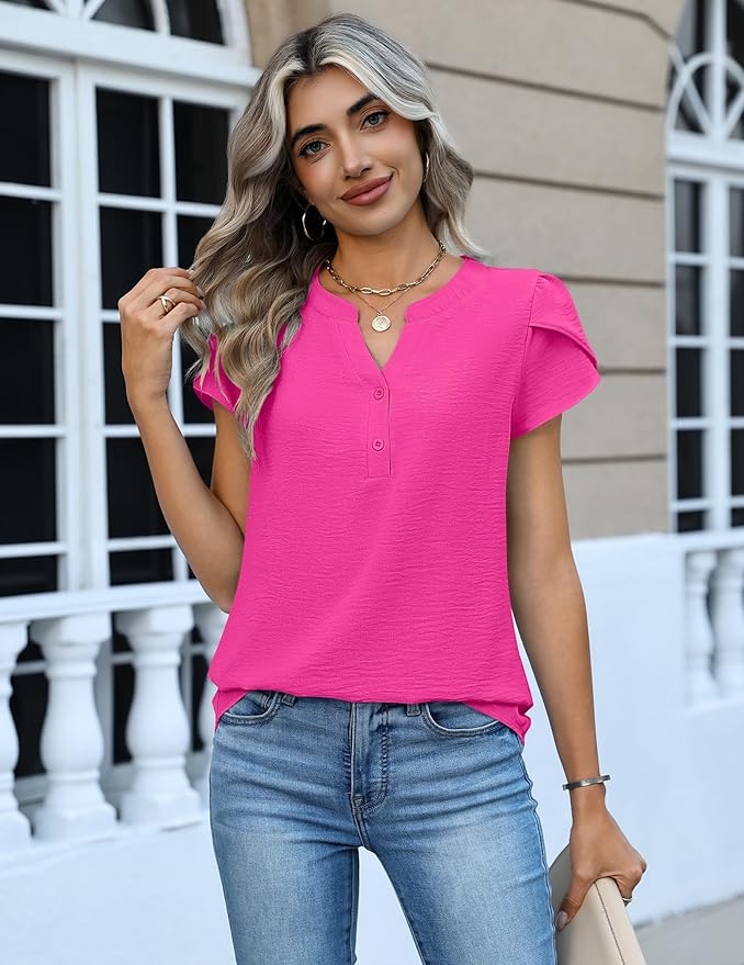 Zeagoo Womens Tops Dressy Casual Textured Blouses Cap Short Sleeve Shirts V Neck Button Up Summer Spring Work Tshirt Clothes