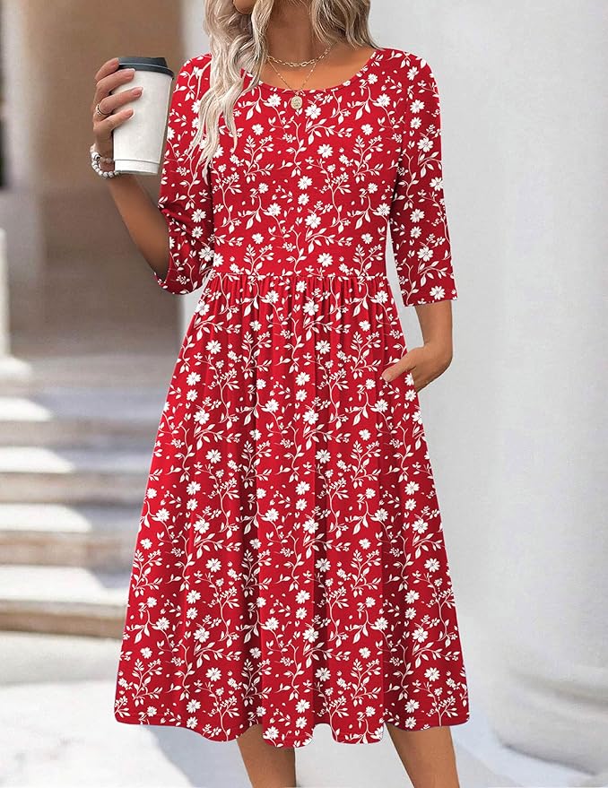 Zeagoo 3/4 Sleeve Women's Dress Casual Flowy A-Line Midi Tshirt Dresses with Pockets Crewneck Vocation Boho Beach Sundress