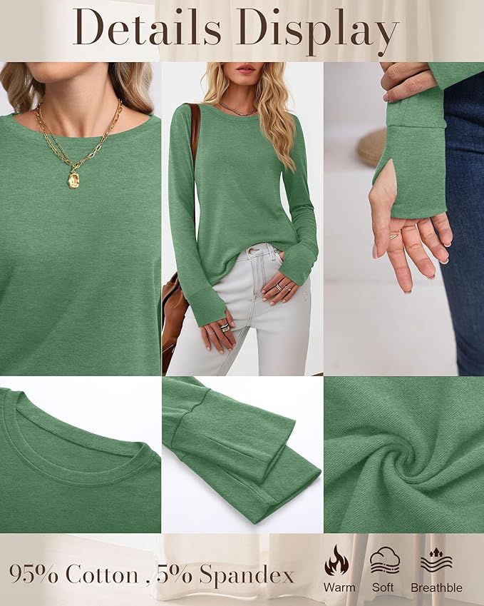 Huukeay 3 Pack Women's Long Sleeve Shirts with Thumb Holes, Cotton Casual Crew Neck Tunic Tops Fall Loose Y2k Trendy Outfits