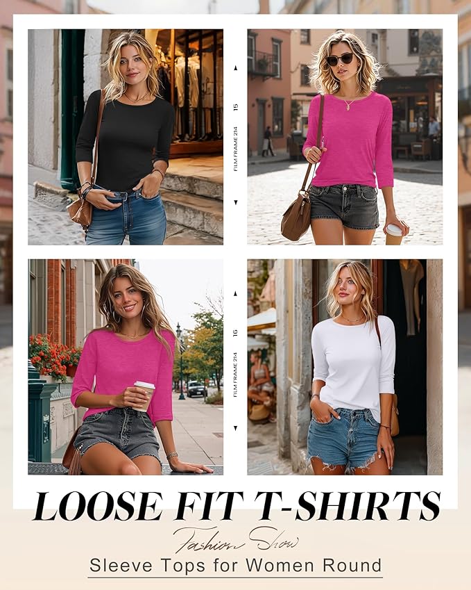 Ficerd 3 Pack 3/4 Sleeve Tops for Women Round Neck Dressy Basics Tees Casual Trendy Loose Fit T Shirts