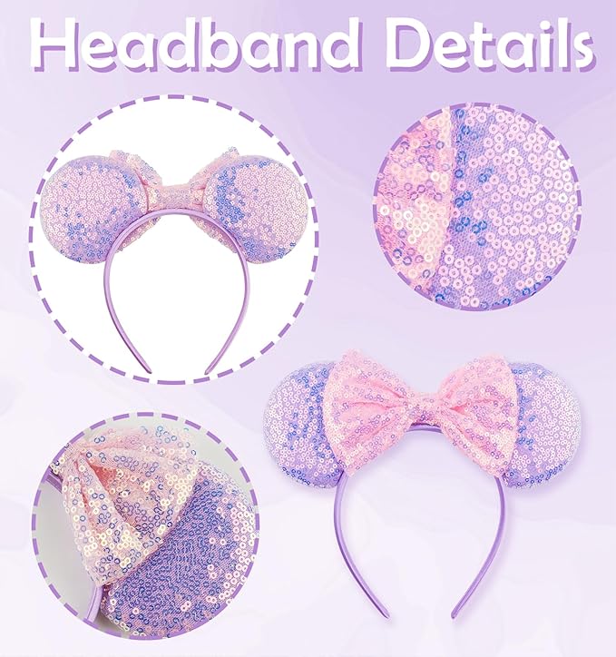 LIHELEI Mouse Ears Headband for Princess, Pink Headbands for Women Halloween Costume, Sequin Bows Headwear Hair Accessories - Pink Pruple