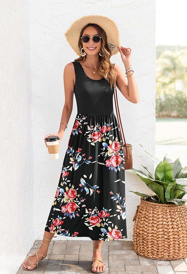 WNEEDU Women's Summer Maxi Dress 2026 Casual Sleeveless Hawaiian Sundress Tropical Long Dress Beach Vacation Outfit