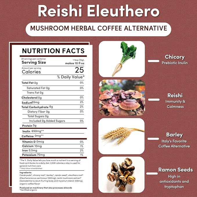 Teeccino Reishi Eleuthero Coffee Alternative - French Roast - Organic Adaptogenic Herbal Mushroom Coffee, Dark Roast, Caffeine Free, Prebiotic, Acid Free, All-Purpose Grind - 10 Oz, Pack of 3