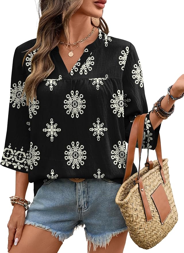Rapbin Womens 3/4 Sleeve V Neck Floral Print Pleated Blouses for Women Dressy Casual Loose Fit Tops