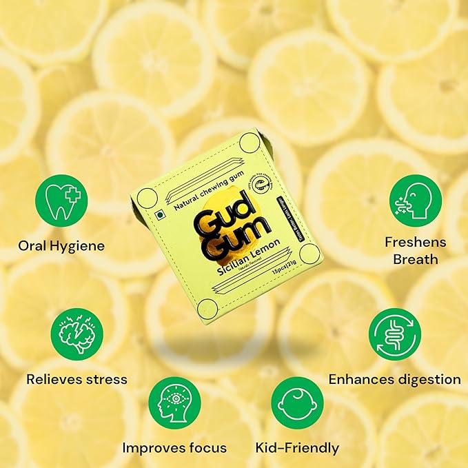 GUDGUM Natural & Sugar-Free Chewing Gum – Plastic-Free, Biodegradable, Vegan (Pack of 4, Lemon)