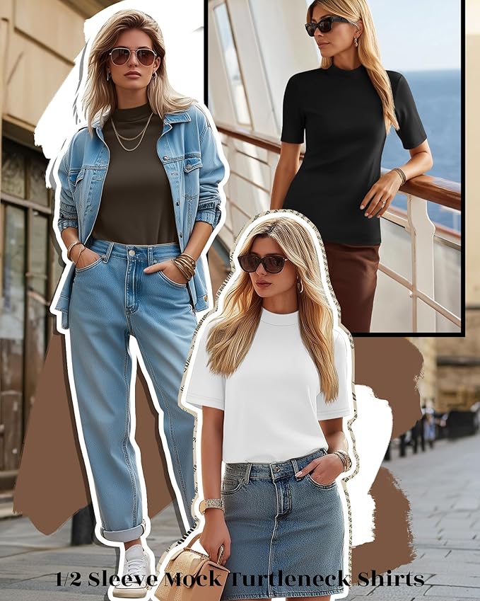 Ficerd 3 Pack Women's 1/2 Sleeve Mock Turtleneck Shirts, Elbow Length Shirt Half Sleeve Tunic Top Casual Summer Basic Tees