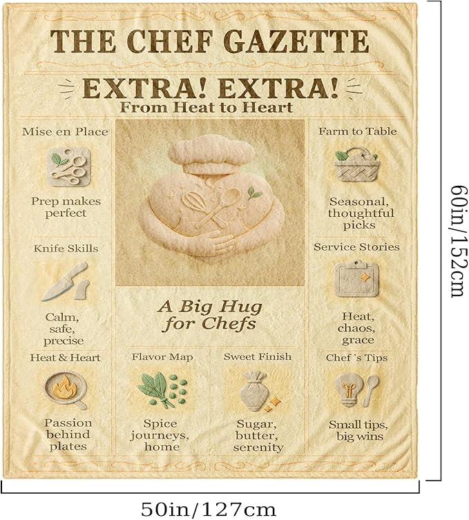 Chef Blanket 60x50 Flannel Throw Blanket, Vintage Editorial-Style Kitchen Decor, Cozy Cooking Gift for Men & Women, Baker Pastry Sous Chef Appreciation, Culinary School Graduation