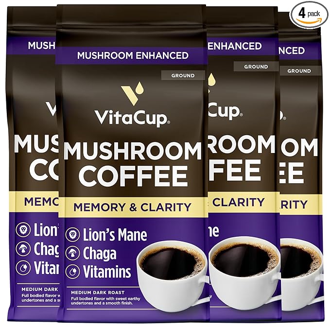 VitaCup Mushroom Coffee Grounds, with Lions Mane, Chaga, B Vitamins, D3, Boost Focus, Immunity, Memory & Clarity, Medium Dark Roast, Bold & Smooth 100% Arabica Specialty, 4 bags, 10oz each