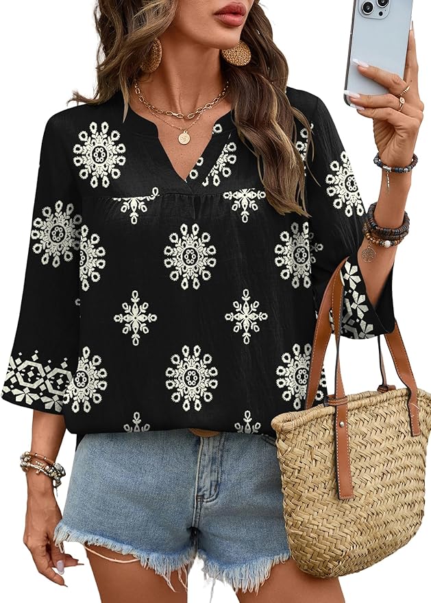 Rapbin Womens 3/4 Sleeve V Neck Floral Print Pleated Blouses for Women Dressy Casual Loose Fit Tops