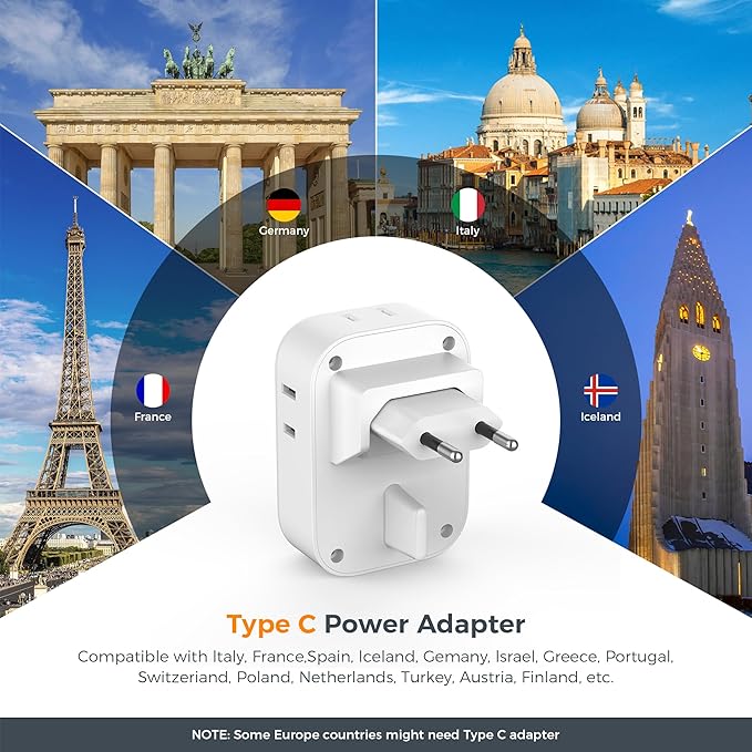TESSAN European Travel Plug Adapter 2 Packs, Type C Europe Adaptor Foldable Plug 4 Outlets 3 USB(1 USB C PD 20W), US to Spain France Italy Germany Denmark Iceland European Travel Must Haves