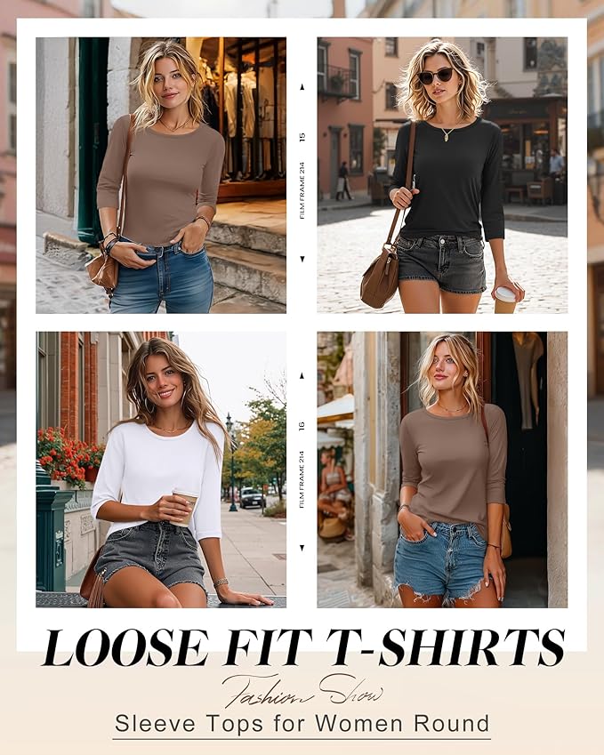 Ficerd 3 Pack 3/4 Sleeve Tops for Women Round Neck Dressy Basics Tees Casual Trendy Loose Fit T Shirts