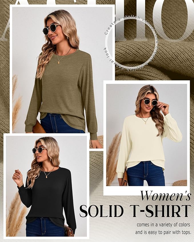 Ficerd 3 Pack Women's Long Sleeve Shirts, Cotton Crew Neck Tunic Tops Casual Loose Fit Pullover Sweatshirts Curved Hem Shirts