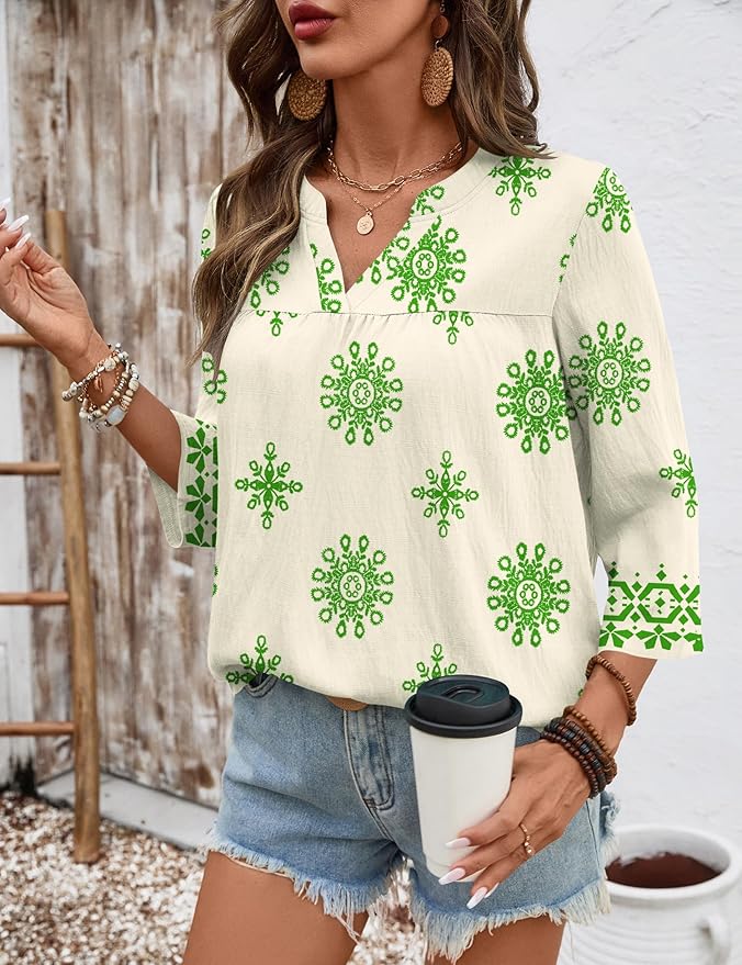 Rapbin Womens 3/4 Sleeve V Neck Floral Print Pleated Blouses for Women Dressy Casual Loose Fit Tops