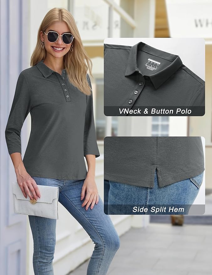 YUCOLEN Polo Shirts for Women 3/4 Sleeve Tops Golf Tees 5-Button Collared Cotton Shirt Business Casual