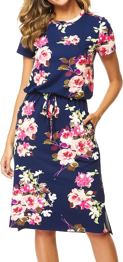 Simier Fariry Womens Spring Hide Belly Knee Length Travel Dress Pocket Summer Short Sleeve Midi Work Casual Outfits