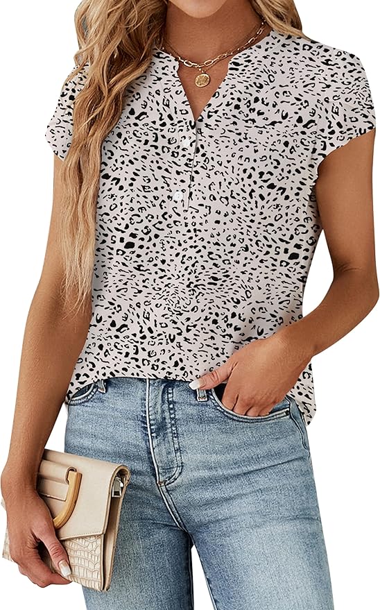 Blooming Jelly Women's Dressy Casual Tops Business Work Blouses White Button Down Shirts Cap Sleeve V Neck Tshirt